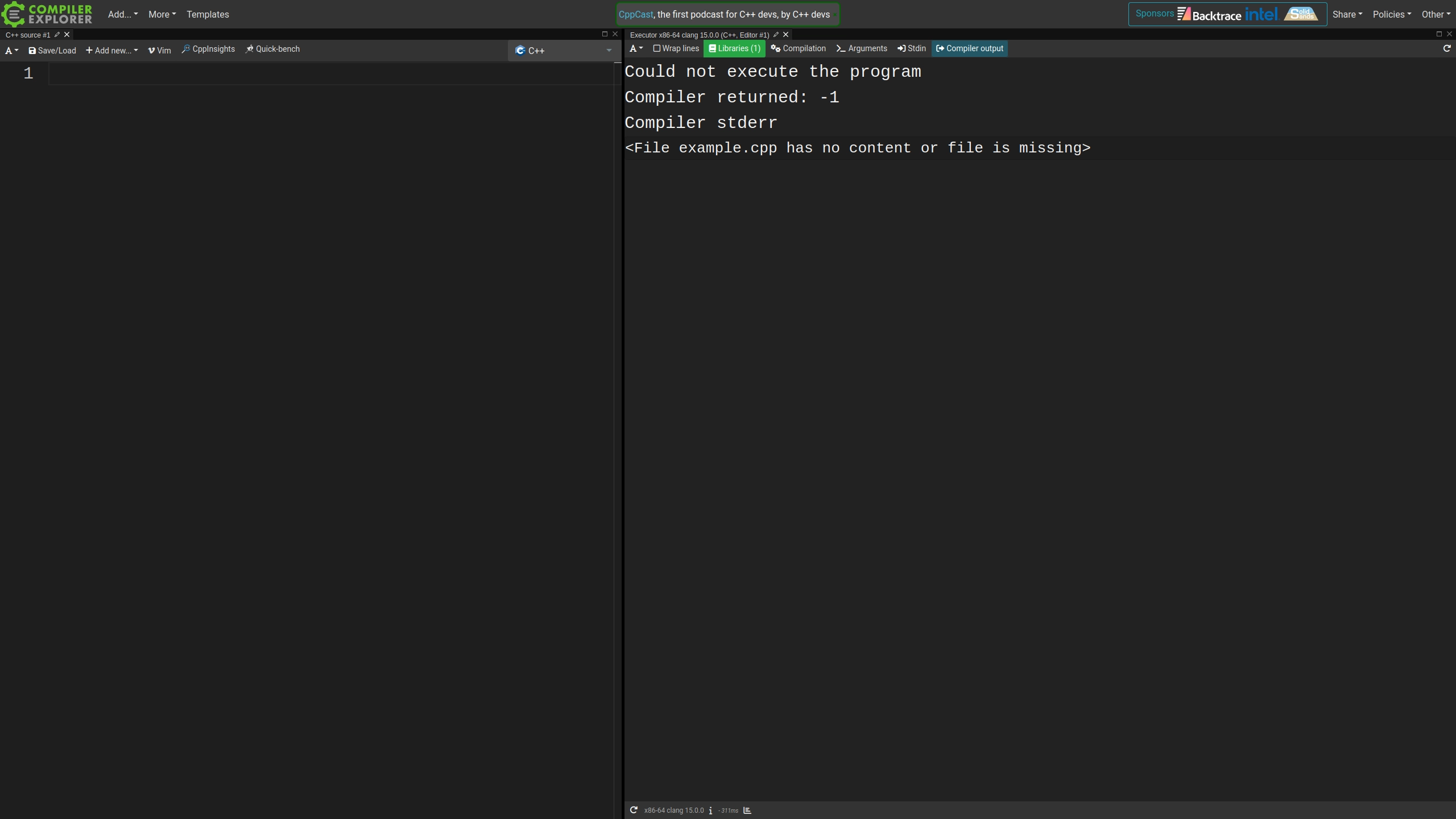 A screenshot showing our Compiler Explorer environment.